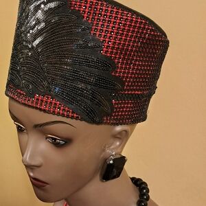 New Handmade Elegant Black and Red Sequin Hat, Blk Sequin Angel Wing Fully Lined